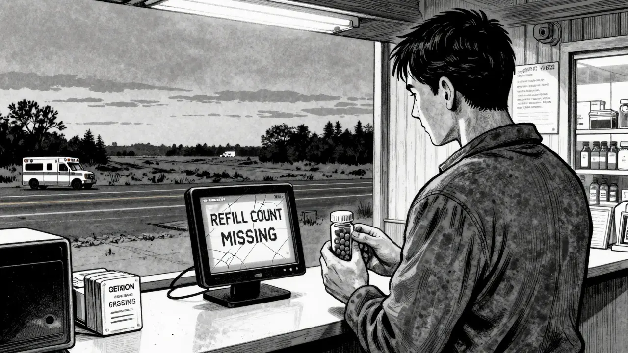 Patient staring at a transfer error message in a rural pharmacy, empty bottle in hand, twilight outside.