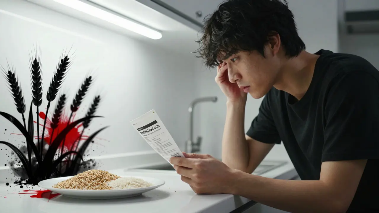 Person reading food label under fluorescent light, ghostly wheat stalks looming behind gluten-free foods