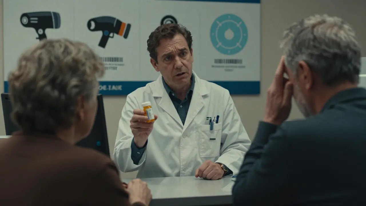Pharmacist and elderly patient discussing medication, patient questioning the label while safety tech icons fade in background.