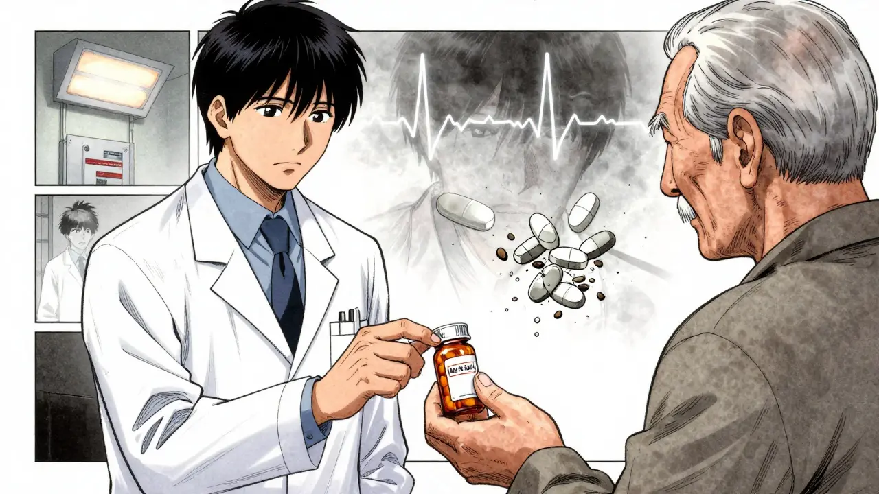 Pharmacist guiding senior patient to safely split pills, with dangerous outcomes fading in background.