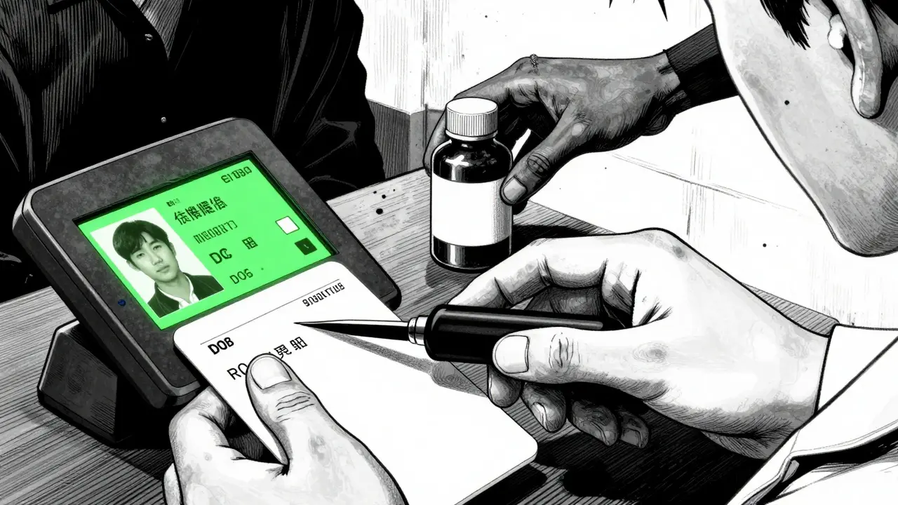 Pharmacist scanning a patient's ID card with a digital confirmation screen, shadow of a wrong bottle nearby.