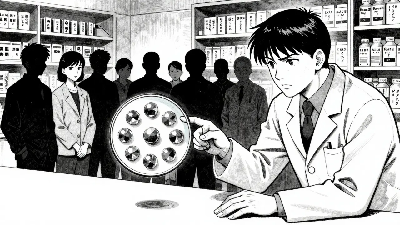 Pharmacist shows identical drug crystals in brand and generic pills, patients in background realizing the truth.