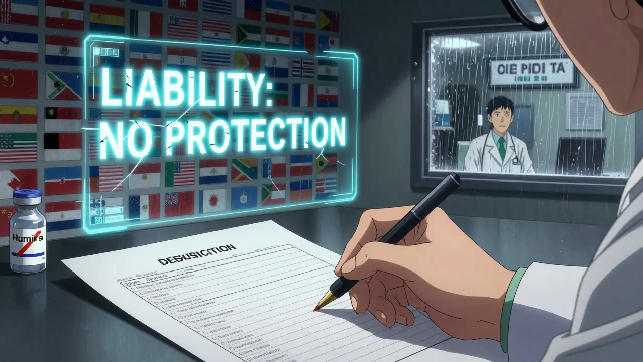 Pharmacist signing substitution log with glowing warning 'NO PROTECTION' and fragmented legal codes.