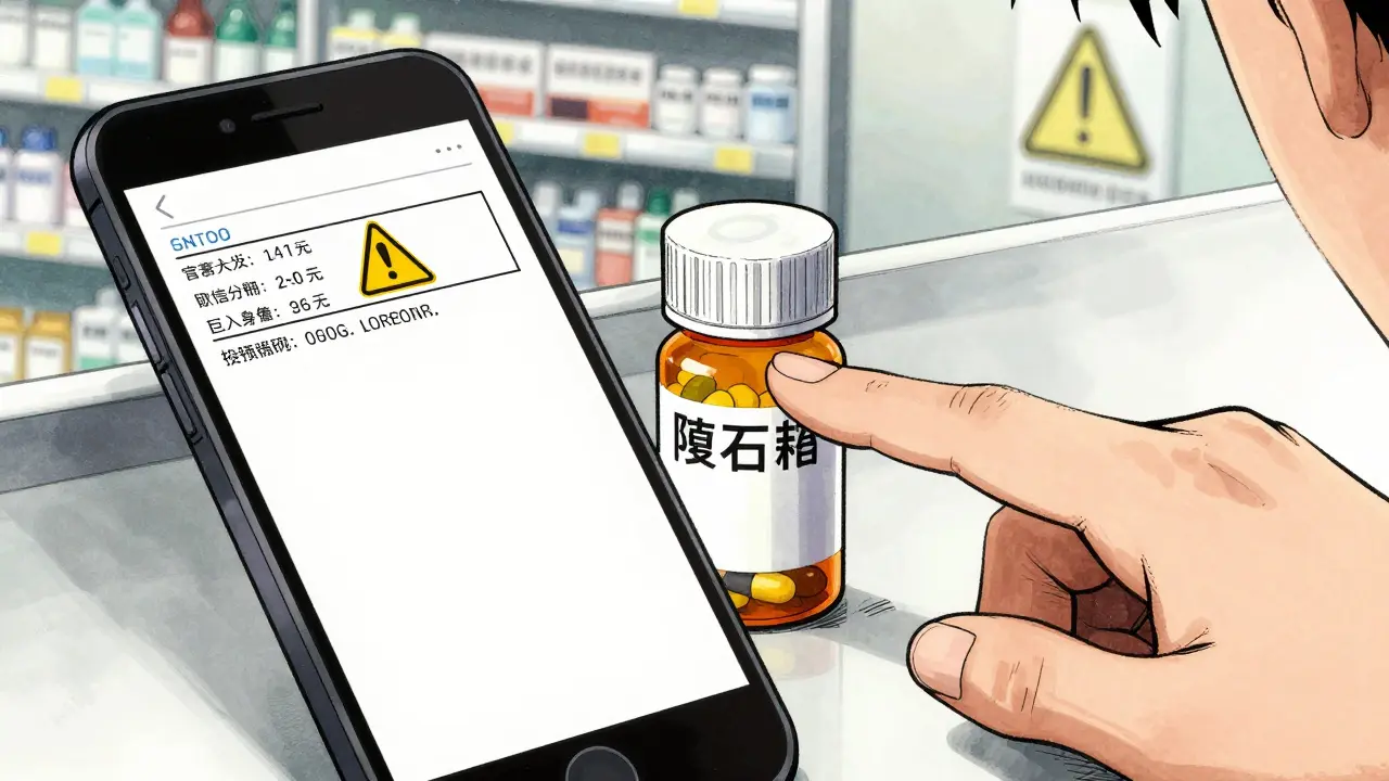 Smartphone photo of prescription label next to differently shaped pills on a counter.