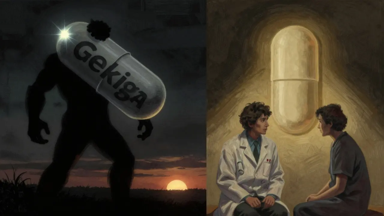Split image: brand-name pill vs generic pill, with pharmacist and patient talking between them.