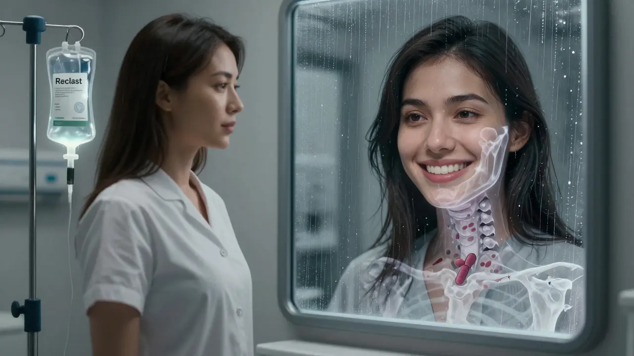 Split scene: IV infusion on one side, healthy smile on other, ghostly bone overlay