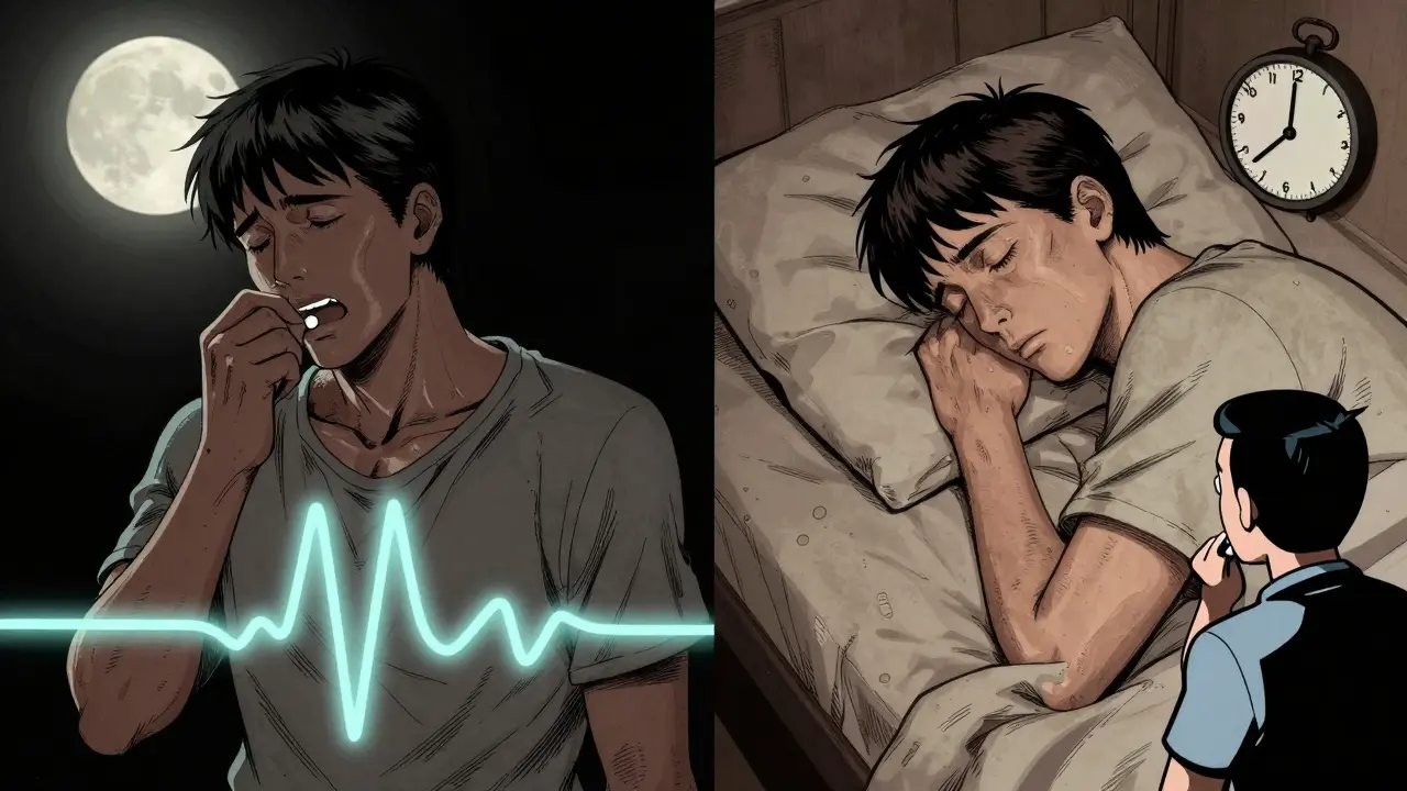 Split scene: patient swallowing generic pill at night, then sleeping peacefully weeks later, FDA inspector subtly watching.