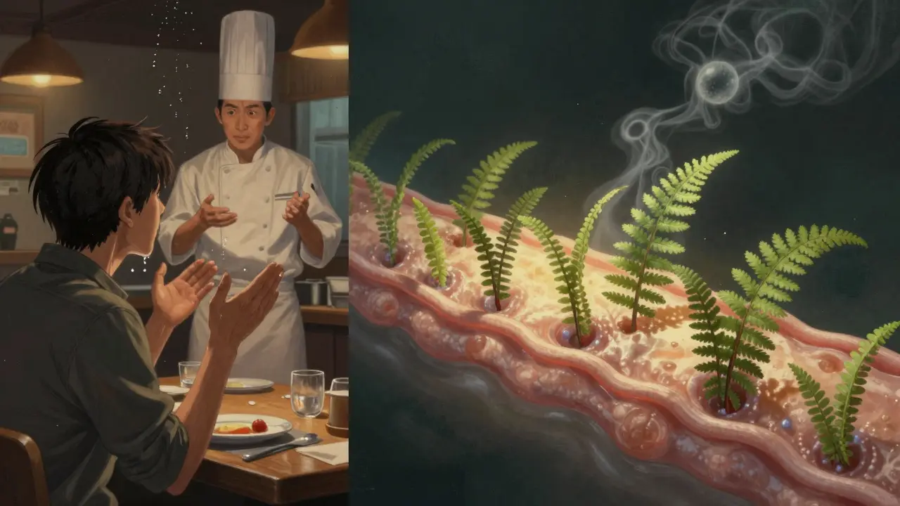 Split scene: person asking about cross-contamination at restaurant, healing gut with regrowing villi