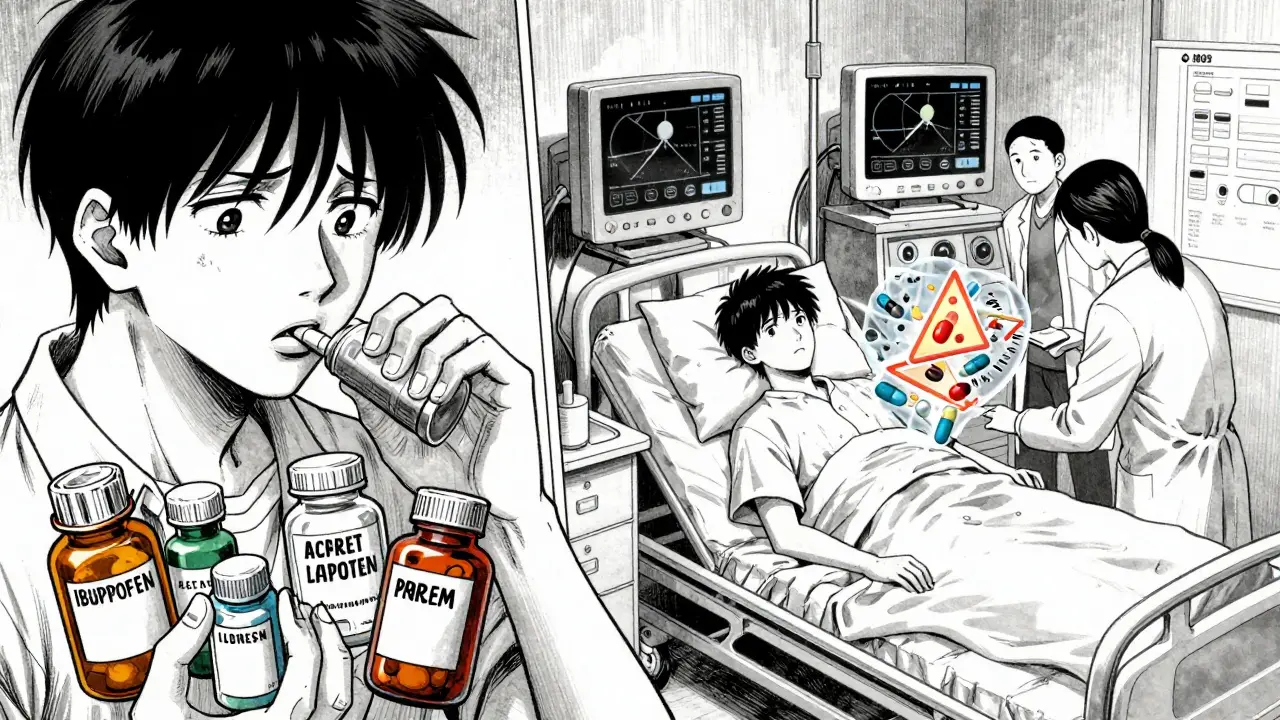 Split scene: person taking multiple pills vs. hospitalized after medication error.