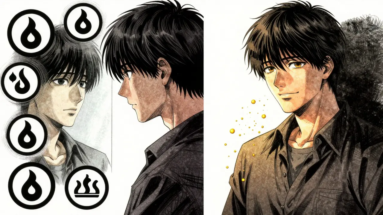 Split scene showing depression side effects transforming into hope through biochemical change.