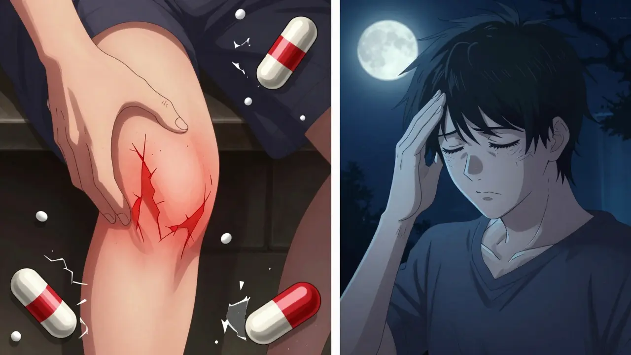 Split scene showing swollen knee with NSAIDs and headache with acetaminophen, each with distinct visual metaphors for pain relief.