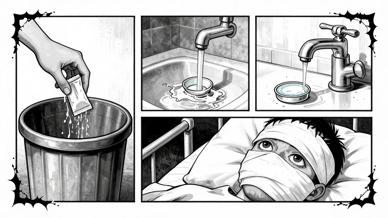Three symbolic scenes: trash bin with lenses, water pouring on lens case, and bandaged eyes in hospital.