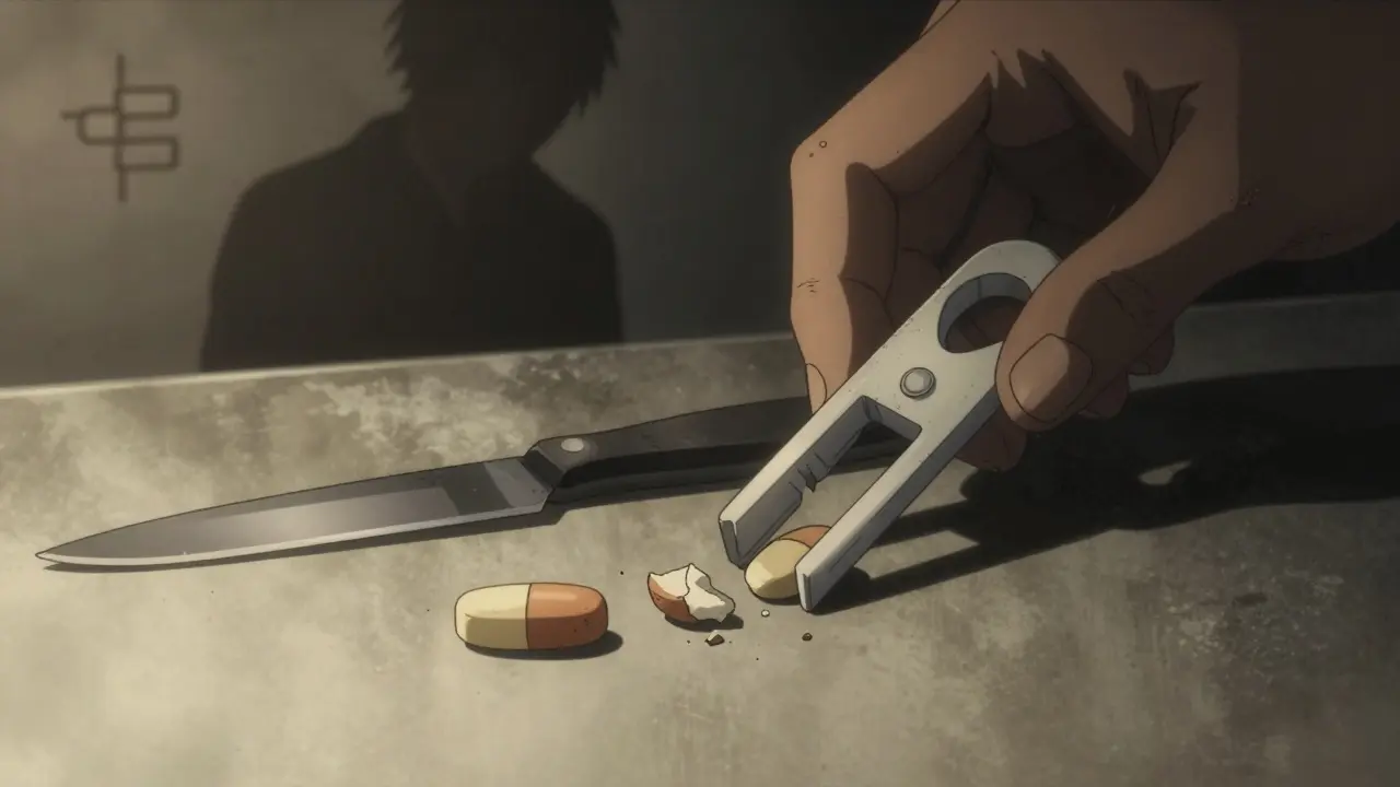 Two pill halves—one whole, one crumbled—next to a knife and proper splitter on countertop.