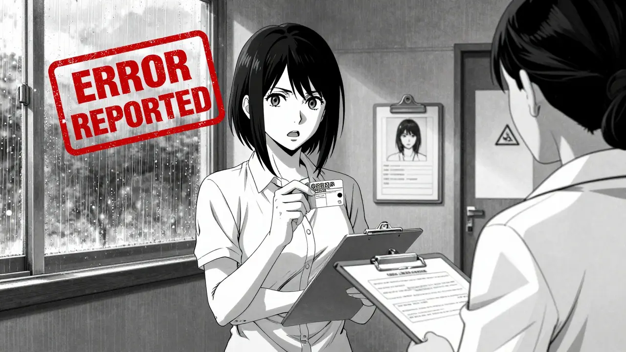 Woman reporting a medication error to a pharmacist-in-charge in a hospital hallway.