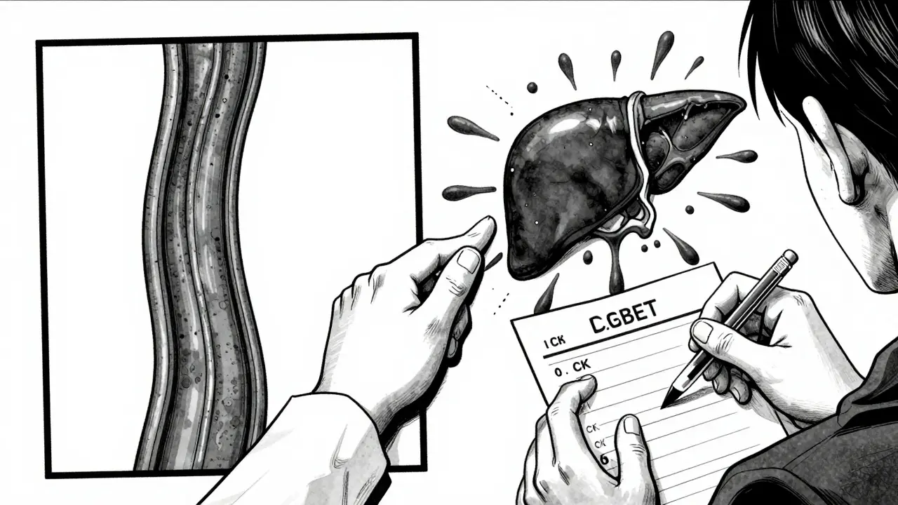 A doctor showing a split medical chart comparing healthy arteries to bleeding vessels, with a patient viewing blood test results.