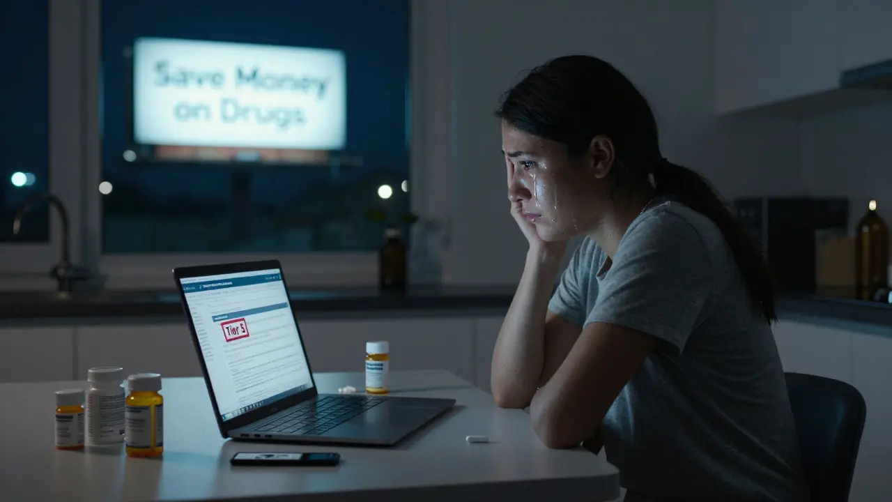 A patient alone at night, overwhelmed by a Tier 5 drug cost on their laptop screen.