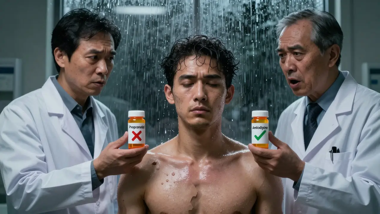 A patient between two doctors, one holding a banned beta-blocker, the other a safer alternative, as skin scales fall away in the background.