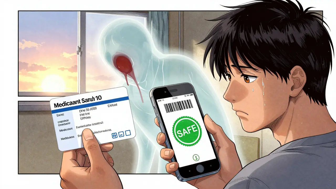 A patient holding a safety card and scanning a barcode app with a green 'SAFE' confirmation.