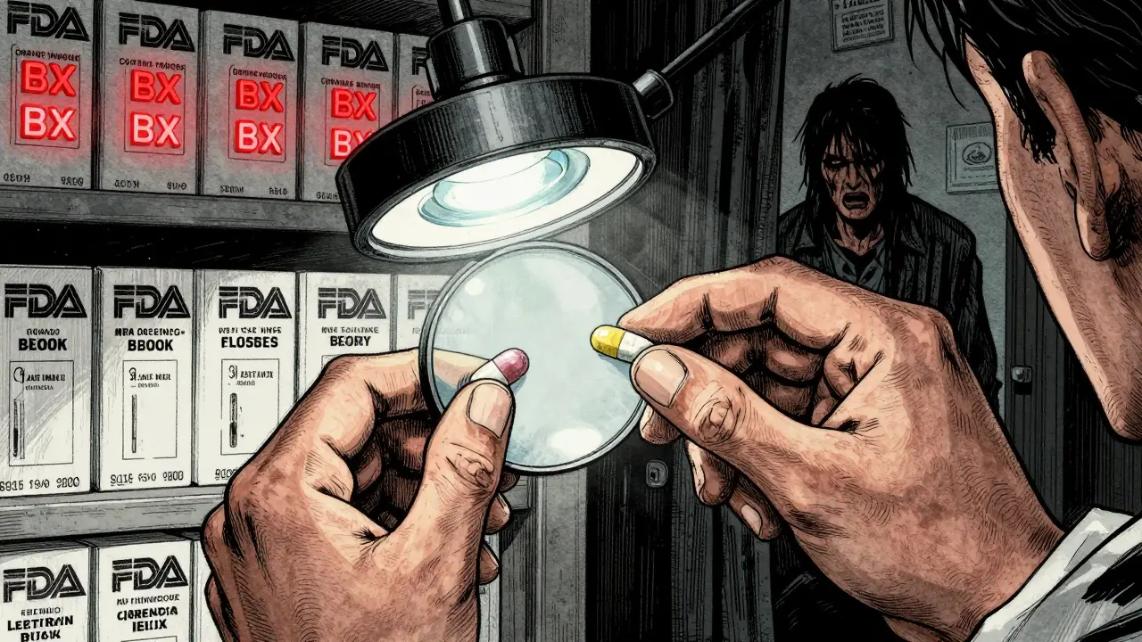 A pharmacist compares generic levothyroxine tablets under a magnifying lamp, with FDA ratings visible in the background.