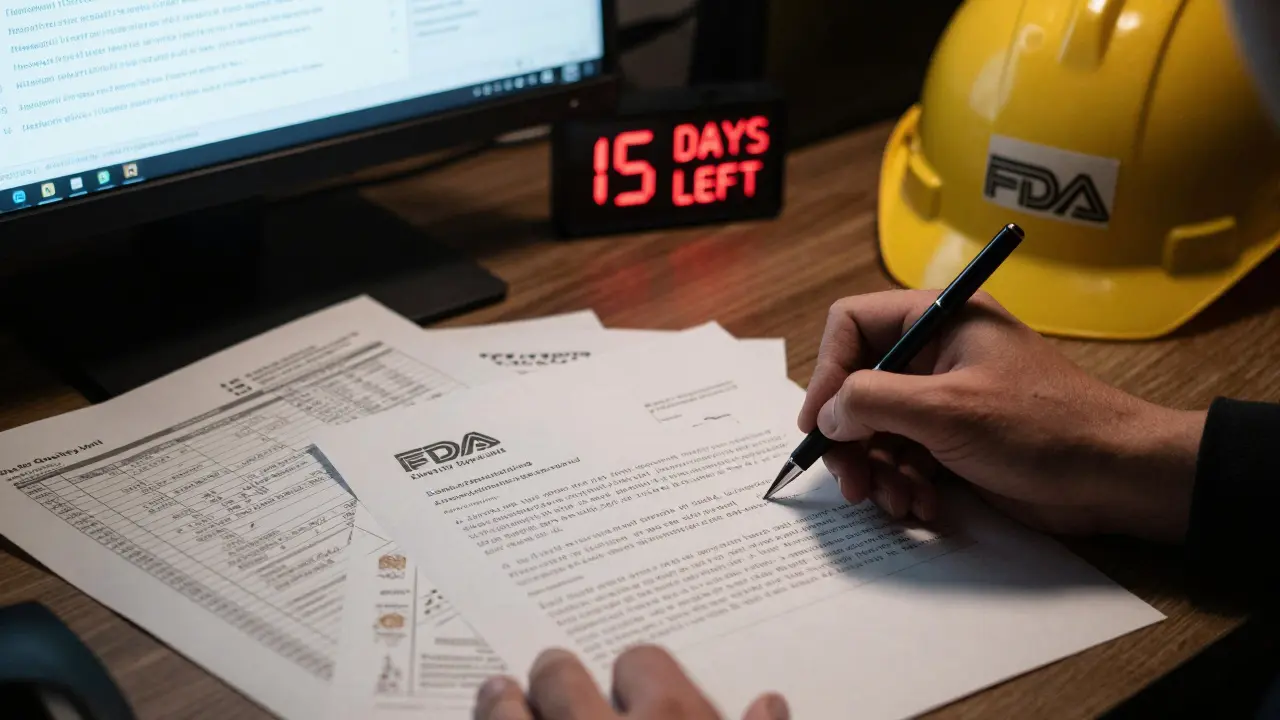 A trembling hand signs a compliance response amid chaos, with a looming FDA seal casting shadow.