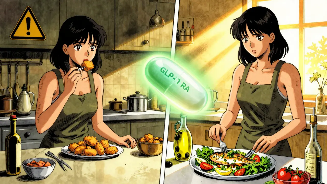 A woman at a kitchen counter torn between unhealthy and healthy meals, with a glowing pill connecting both sides.