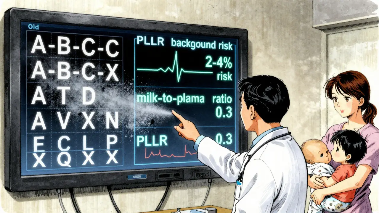 Clinician showing transition from old letter categories to new PLLR narrative format on a digital screen.
