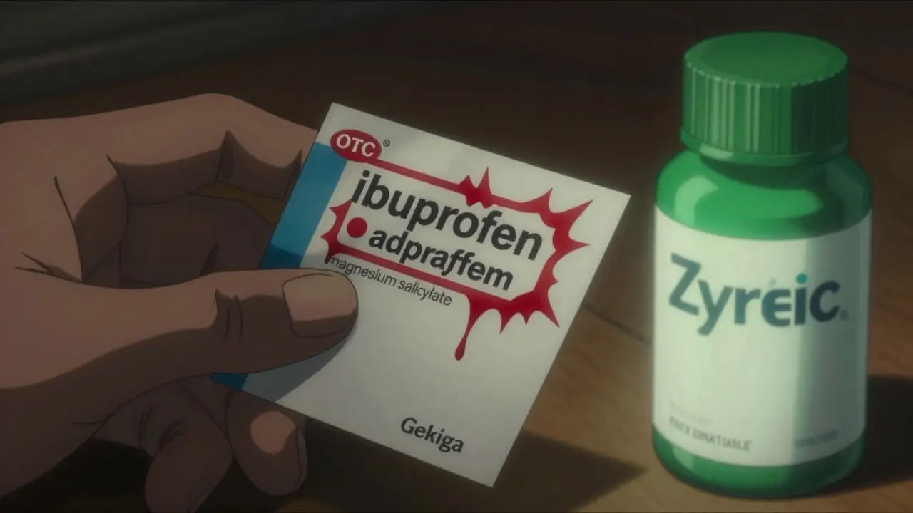 Close-up of a hand reading a cold medicine label with dangerous ingredients highlighted in red.