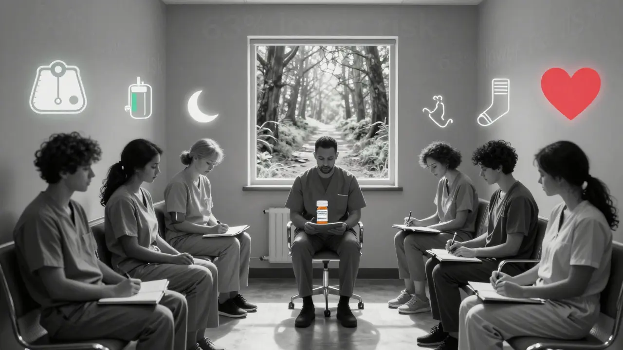 Diverse patients in a clinic, each surrounded by health icons, with faint statistics fading into sunlight.