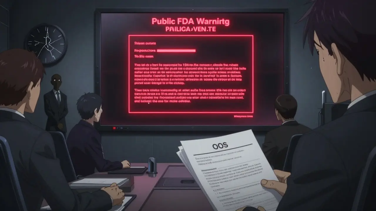Executives confronting a glowing FDA warning letter on a digital screen as investors watch in silence.