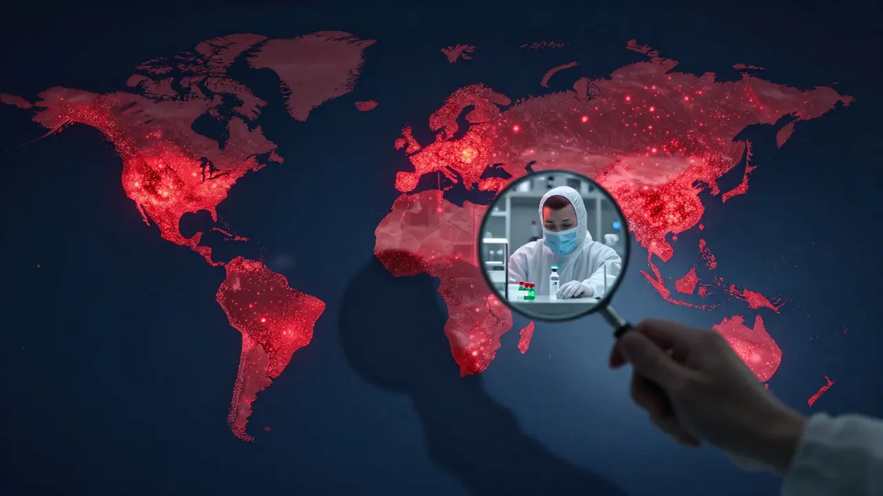 Global map with red warning letter dots, U.S. oversight shadow focusing on a cleanroom breach.