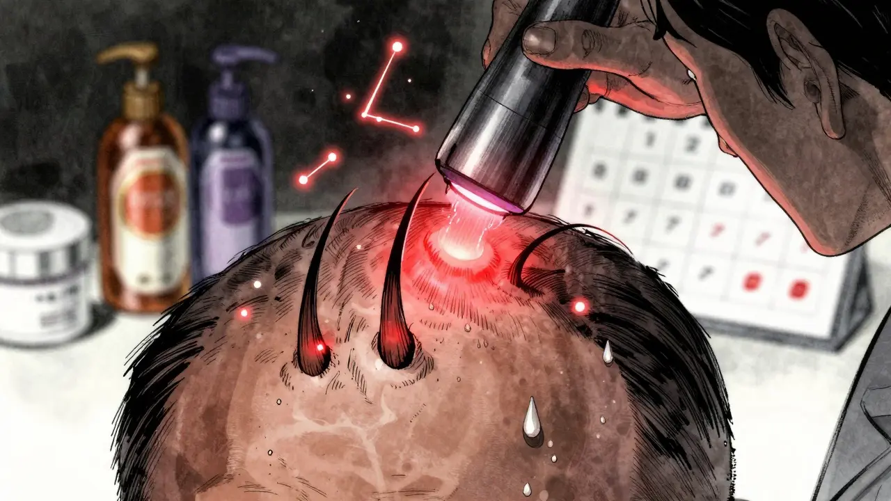 Magnified scalp under laser therapy, nutrient particles swirling, minoxidil droplets falling.