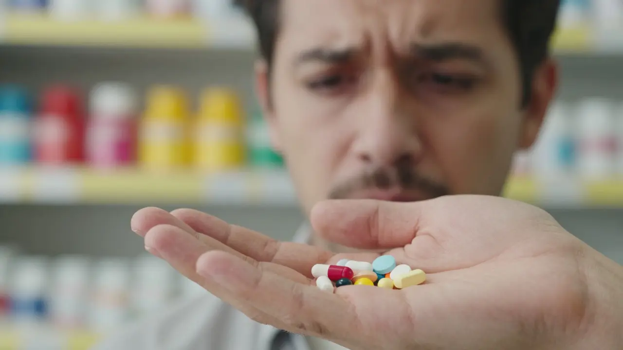 Patient confused by pill colors on pharmacy shelf holding medications