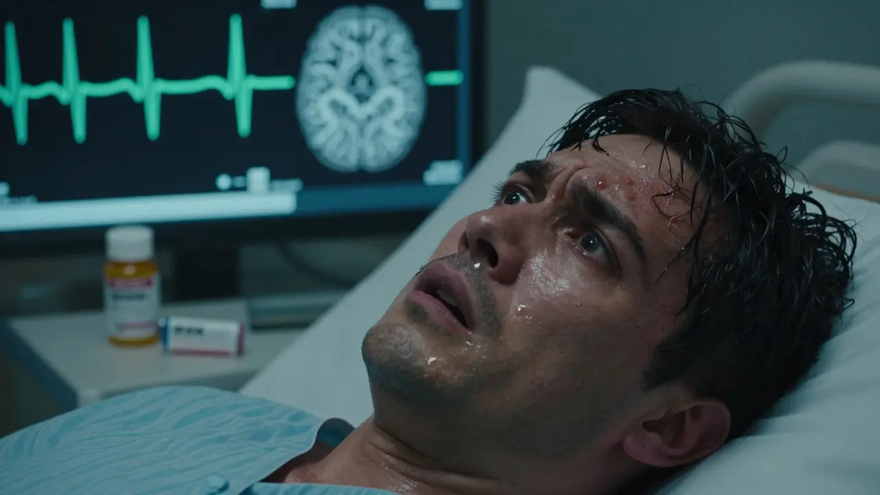 Patient experiencing seizure with EEG scan and generic pill bottle