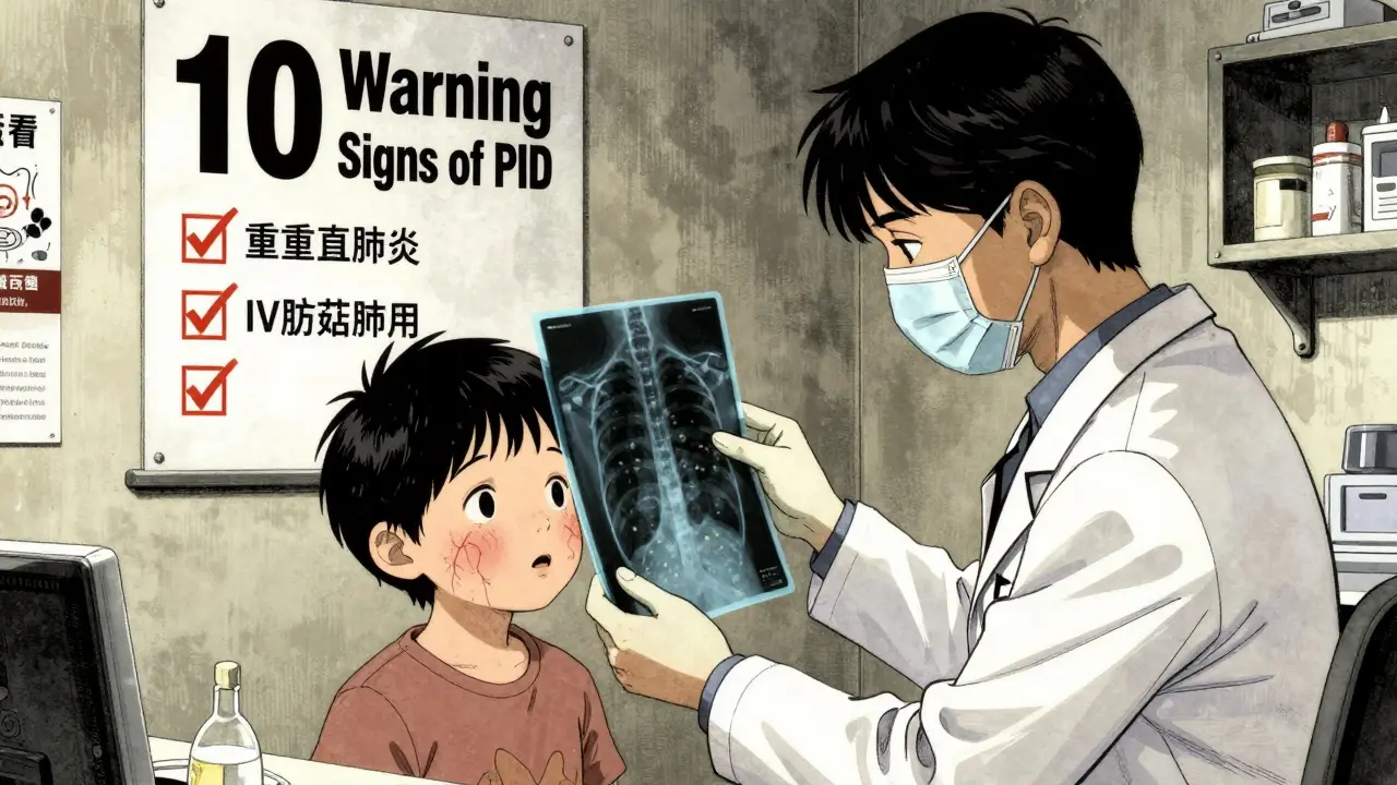Pediatrician examining child with absent tonsils and spider veins, background shows PID warning signs and diagnostic tests.
