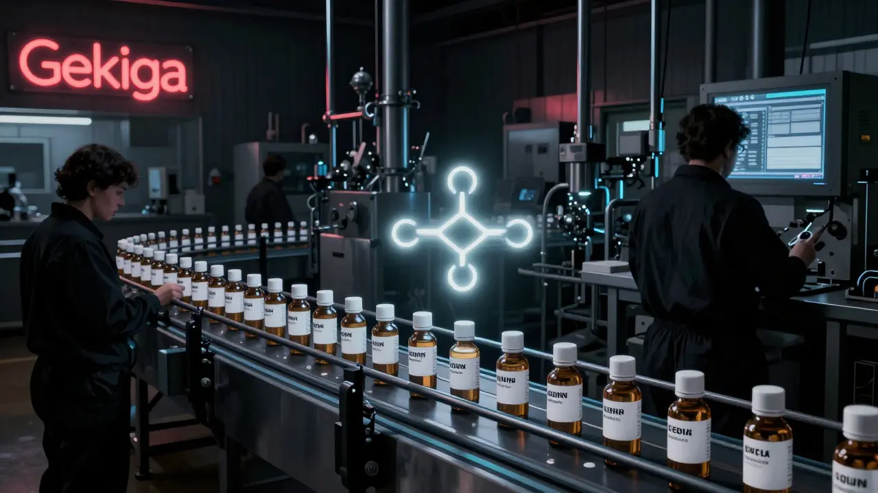 Pharmaceutical factory at night with conveyor belts carrying branded and unlabeled pills.