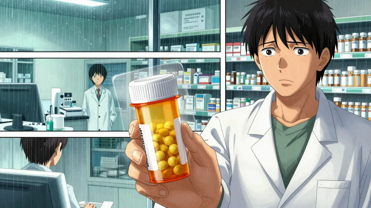 Pharmacist handing a prescription bottle to a patient, with pill structure visible in overlay.