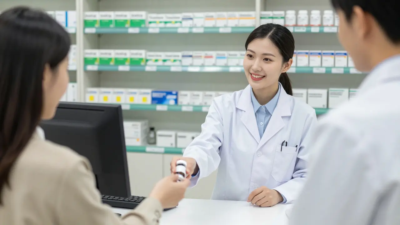 Pharmacist providing biosimilar medication with lower-tier shelf visible.