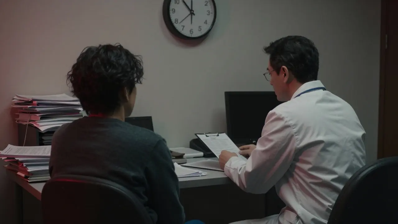 Rheumatologist stressed over paperwork while patient waits for prior authorization.