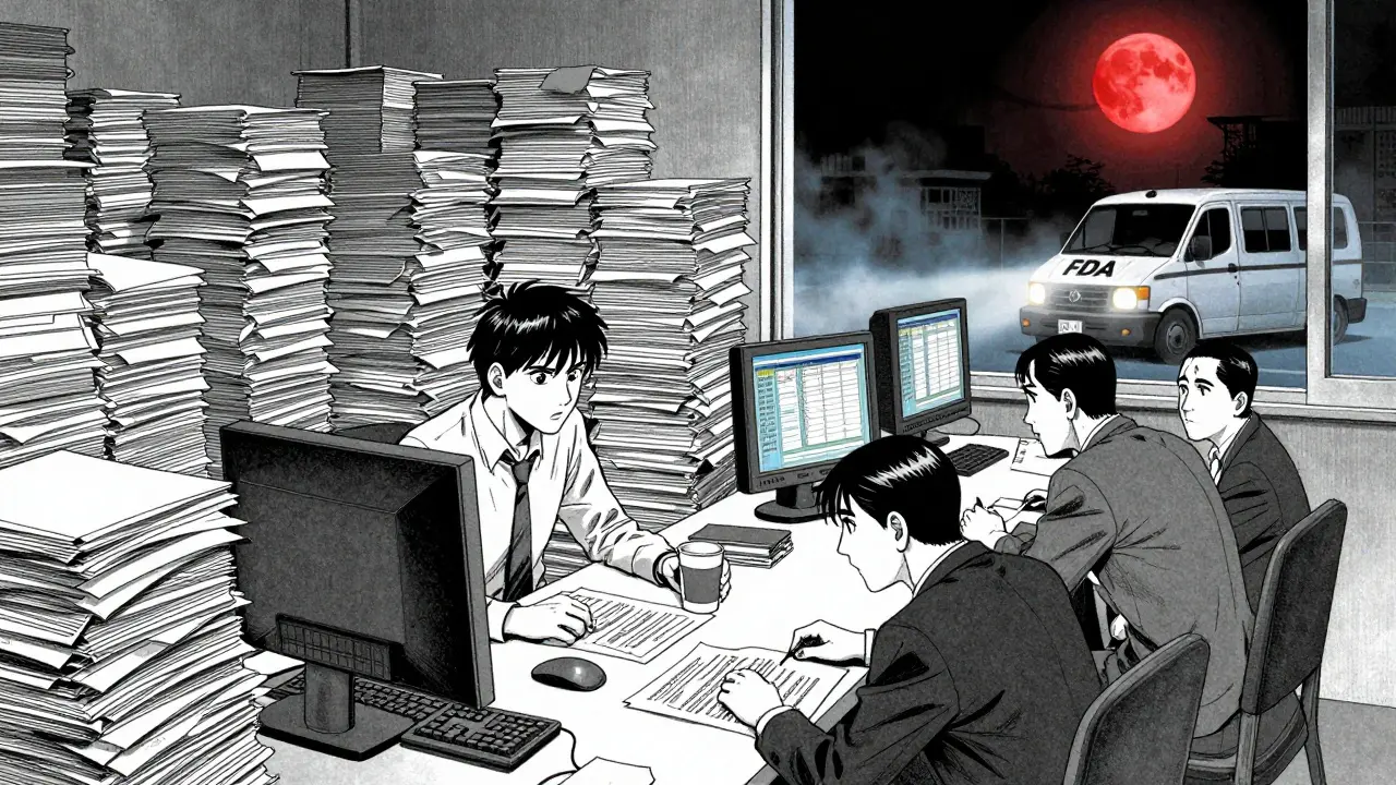 Small manufacturer and consultants buried under paperwork as an FDA van approaches at night.