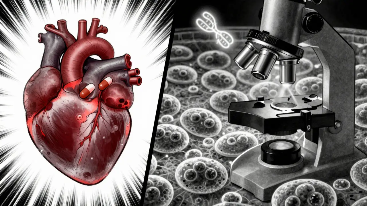 Split visual showing blocked heart receptors on one side and overgrown skin cells on the other, with a glowing gene marker in the background.