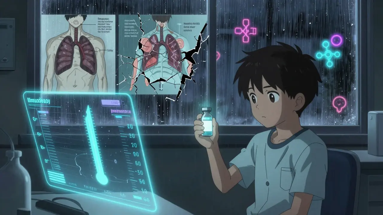 Teen in lab with glowing vaccine antibody levels, split timeline showing diagnosis delay versus timely intervention.