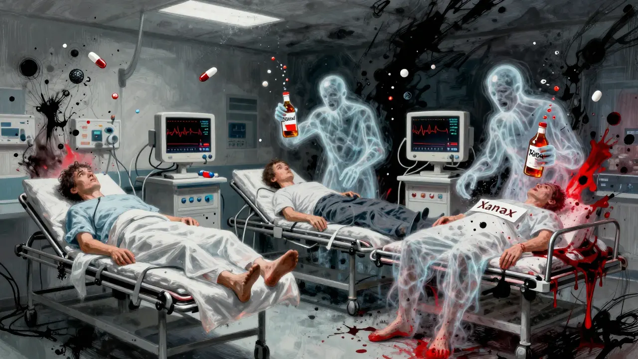 Three patients in ER with alcohol and drug molecules swirling around them, flatline monitors, ink-splatter horror style.