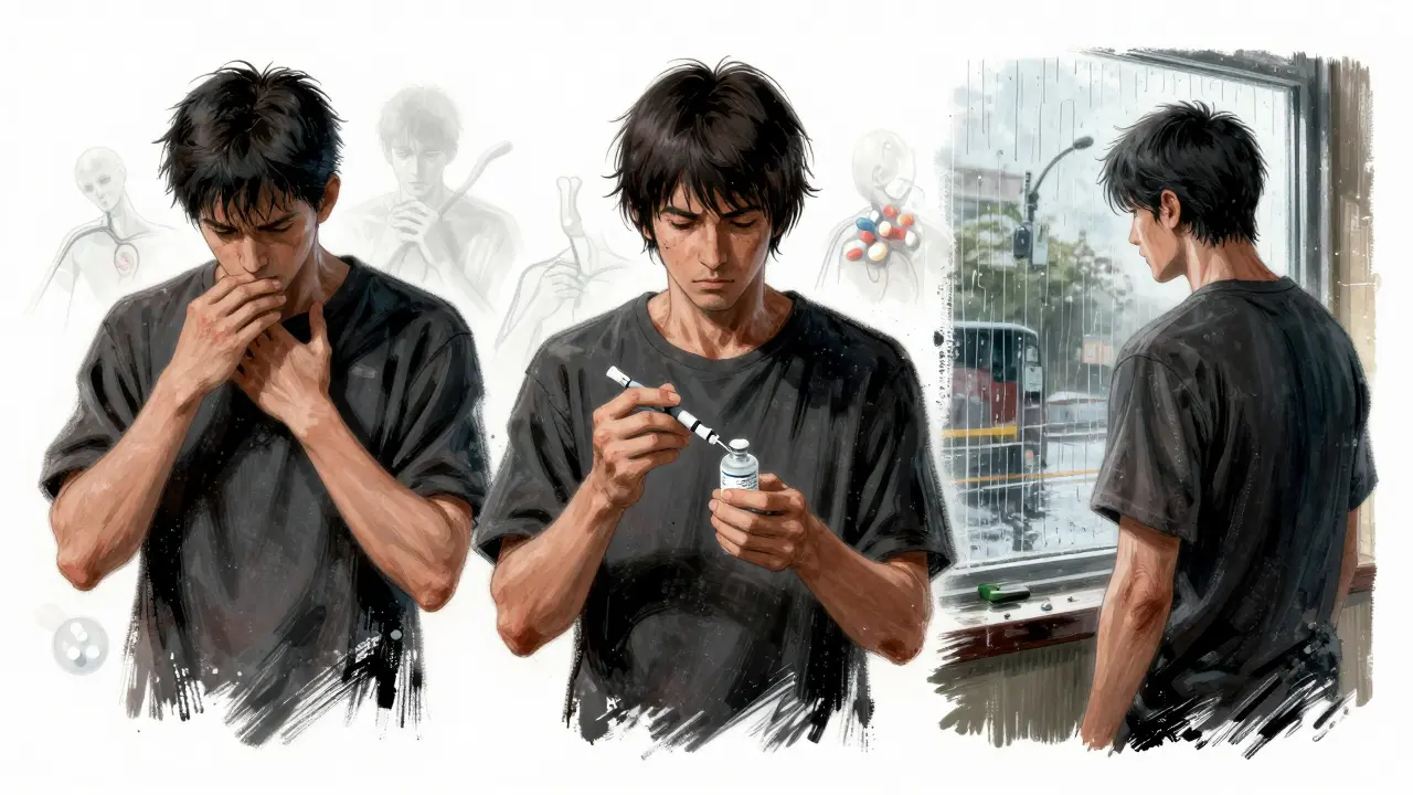 Three stroke survivors each facing different treatment paths: lowering dose, injecting alternative, or contemplating recovery under somber lighting.