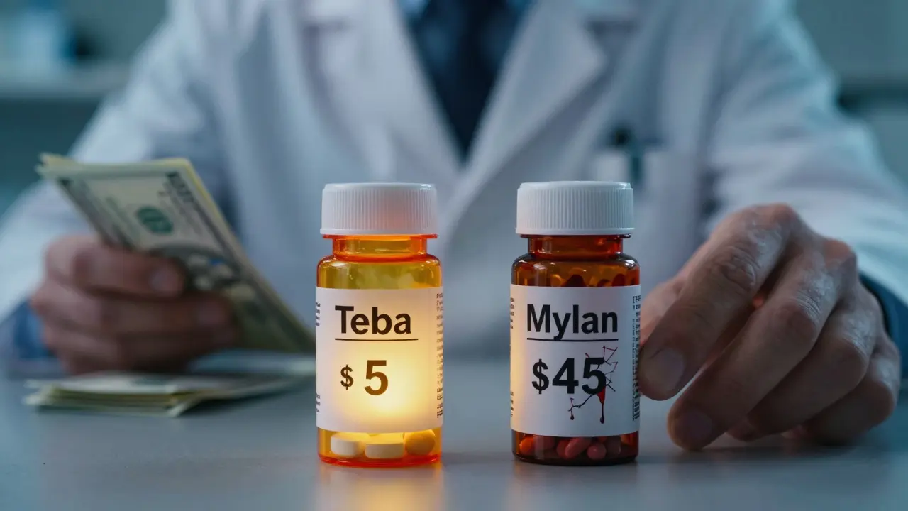 Two identical generic pills with wildly different prices, one cheap, one exorbitant.
