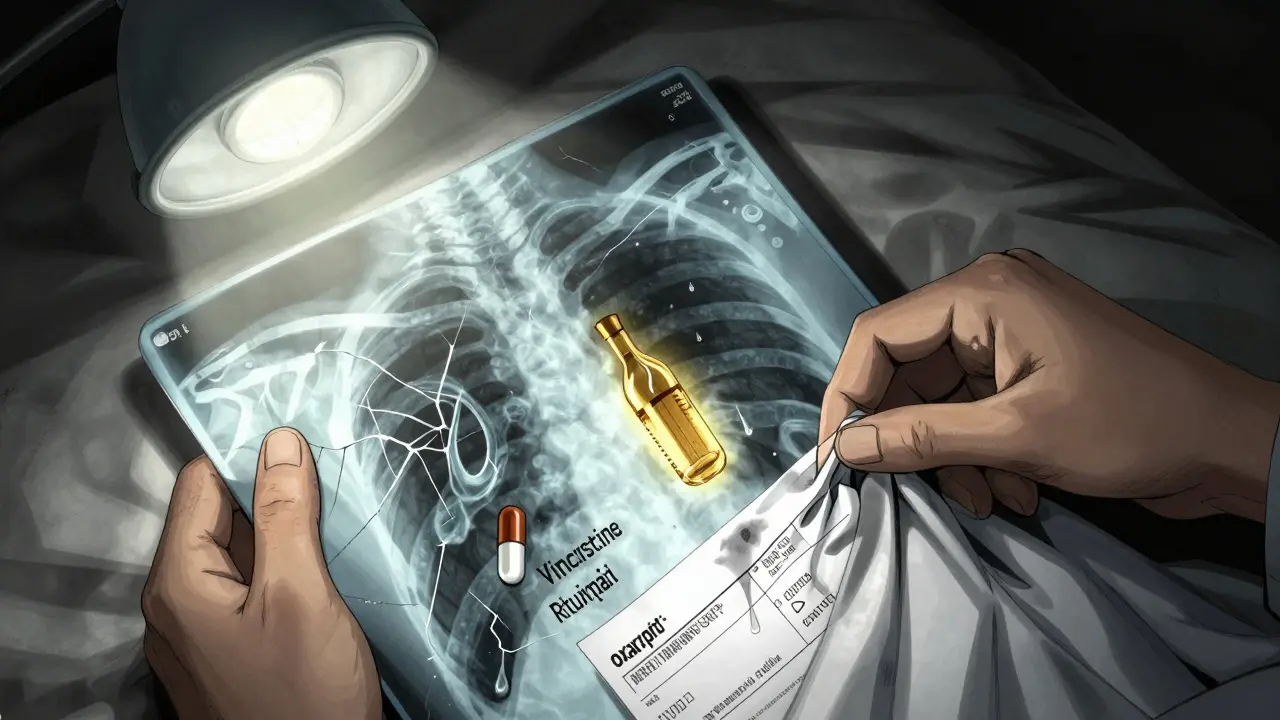 A patient's hand grips their gown as fractured drug pathways glow inside their body, revealing differences between branded and generic medications.