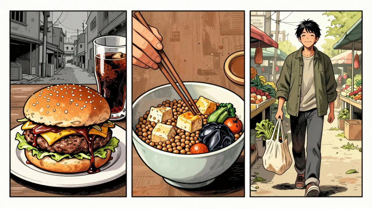 A person’s dietary transformation shown in three panels: junk food to plant-based meals to vibrant market.