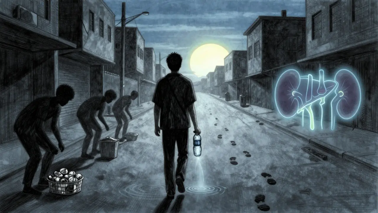 A person walking at dawn with a water bottle, glowing energy ripples symbolizing improved metabolism.