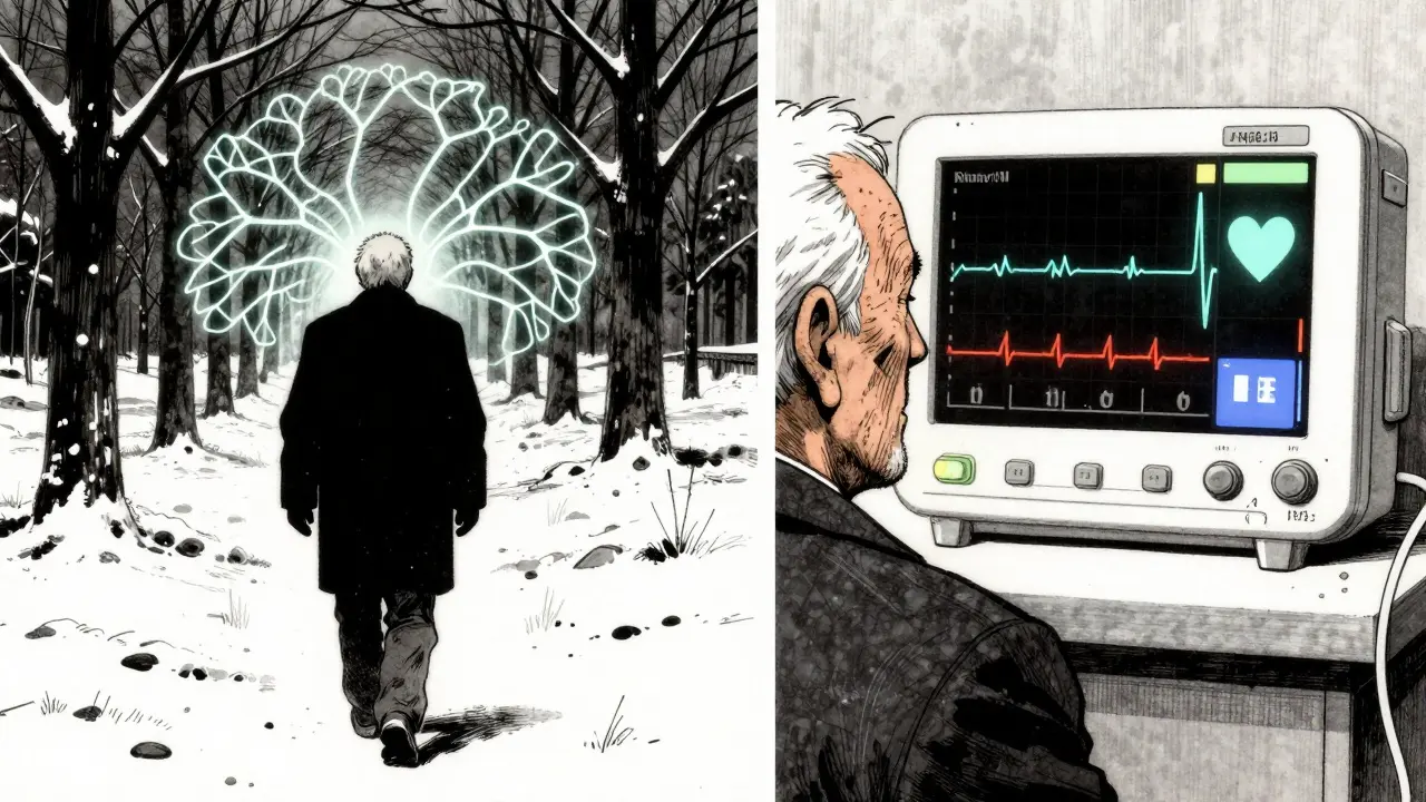 An elderly man walks in snow, glowing neural pathways beside him, a steady heart icon on monitor — symbolizing statin protection.