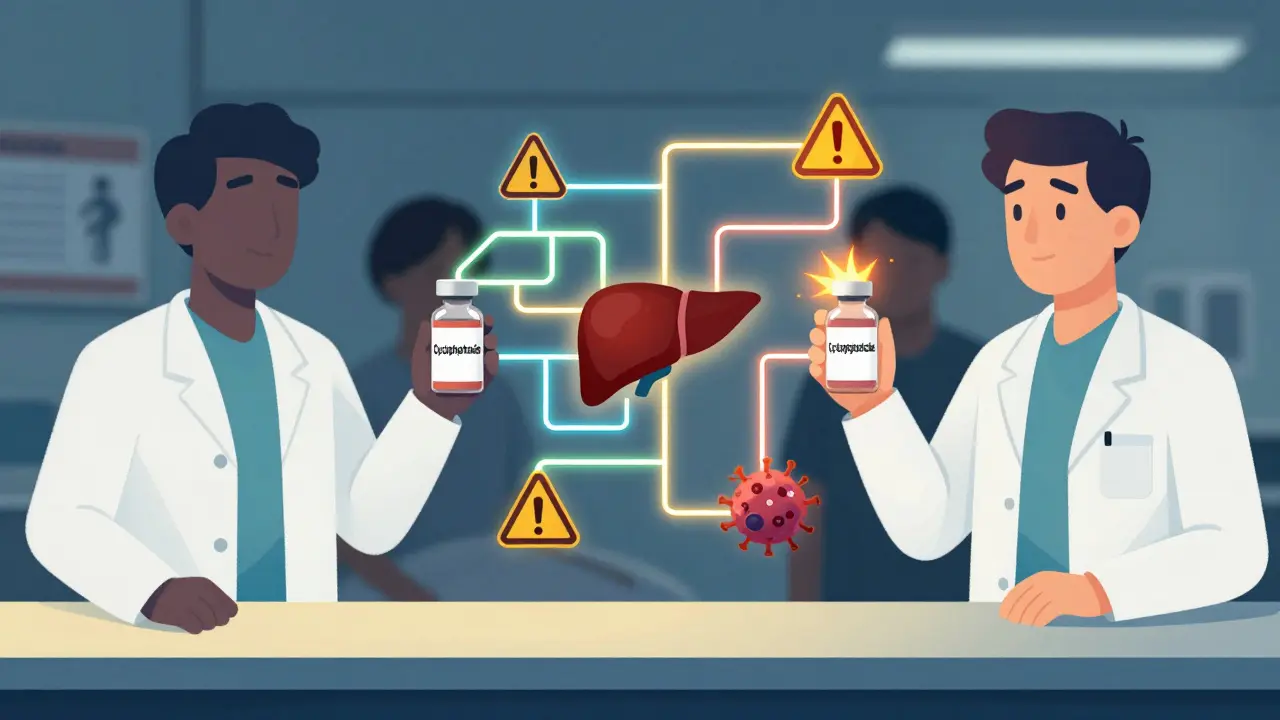 An oncology pharmacist holds two vials with pulsing, contrasting pathways showing how generics may disrupt drug interactions.