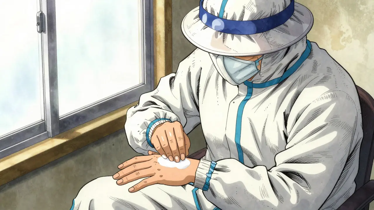 Character applying sunscreen and wearing protective hat indoors